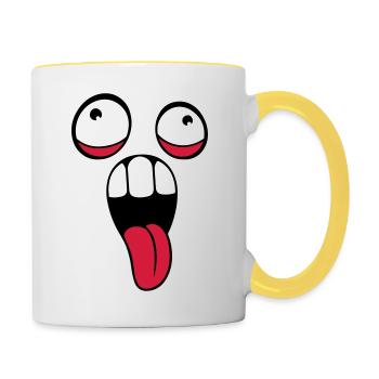 crazy face head eyes tongue mouth outstretched - Contrasting Mug - white/yellow - Right