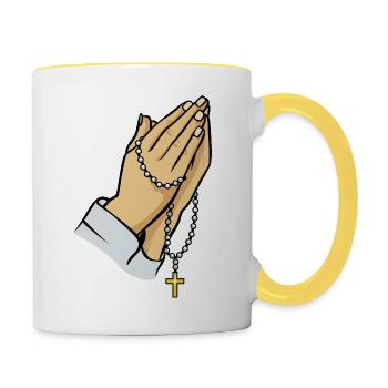 Betende Hände mit Rosenkranz - Tasse zweifarbig - Weiß/Gelb - Rechts