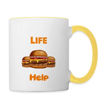 life happens and cheeseburgers help - Tasse zweifarbig - Weiß/Gelb - Rechts