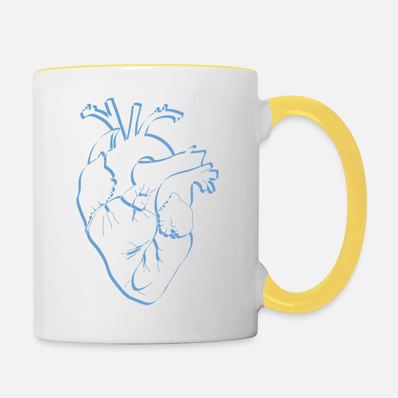 cœur anatomique, contour blanc/bleu - Mug contrasté - blanc/jaune