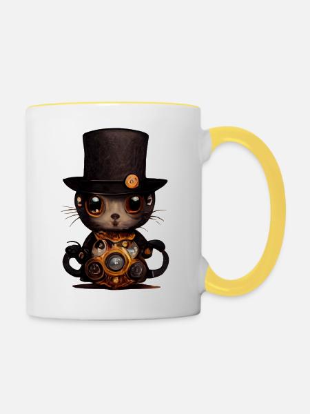 Elegante Katze - Tasse zweifarbig - Weiß/Gelb