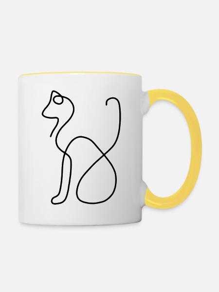 one line Katze - Tasse zweifarbig - Weiß/Gelb