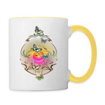 Butterflies Flourishes Tendrils Sun Pattern - Contrasting Mug - white/yellow - Right