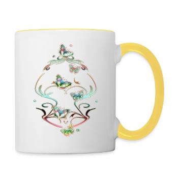 Schmetterlinge Ranken Ornamente Muster - Tasse zweifarbig - Weiß/Gelb - Rechts
