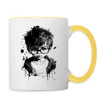 Boy with glasses at school one. - Contrasting Mug - white/yellow - Right