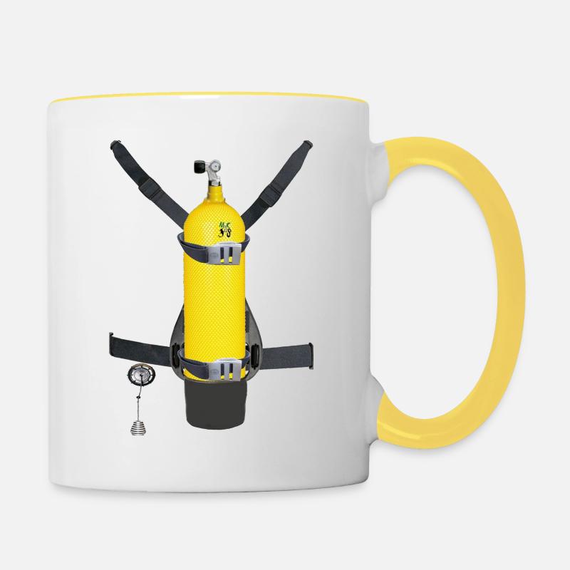 Trompe l'œil Bouteille de plongée dans le dos - Mug contrasté - blanc/jaune