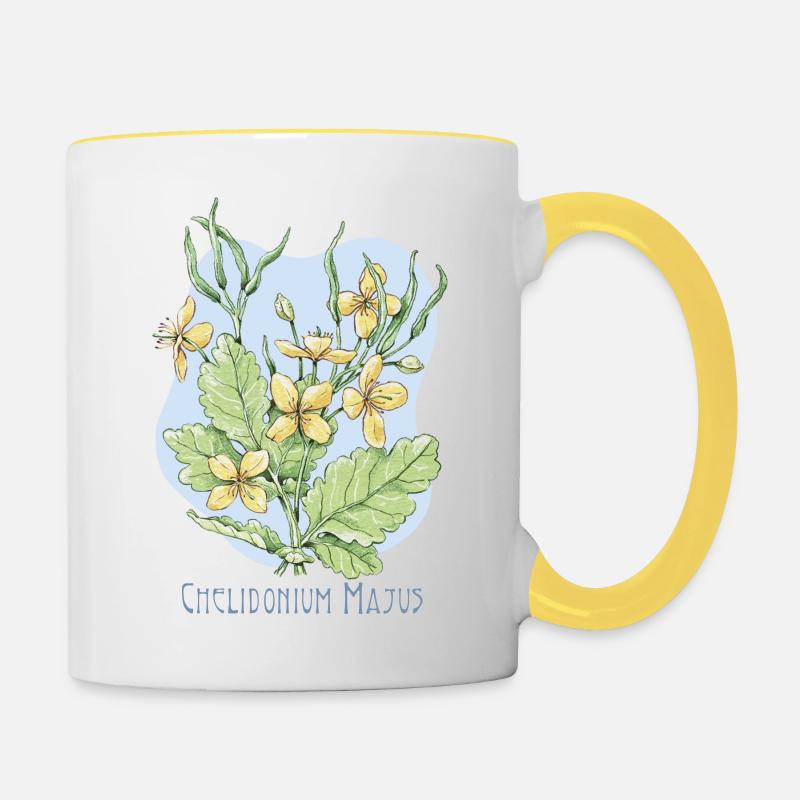 Dessin botanique d’herbe d’hirondelle chélidoine - Mug contrasté - blanc/jaune