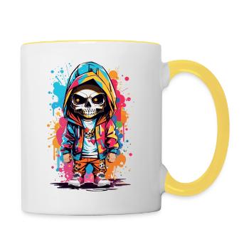 Buntes Skull Totenkopf Design: Attitude - Tasse zweifarbig - Weiß/Gelb - Rechts