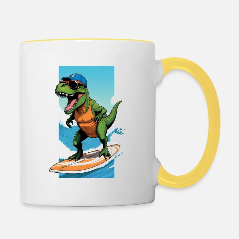 Cool dino T-Rex sur des planches de surf sur la vague - Mug contrasté - blanc/jaune