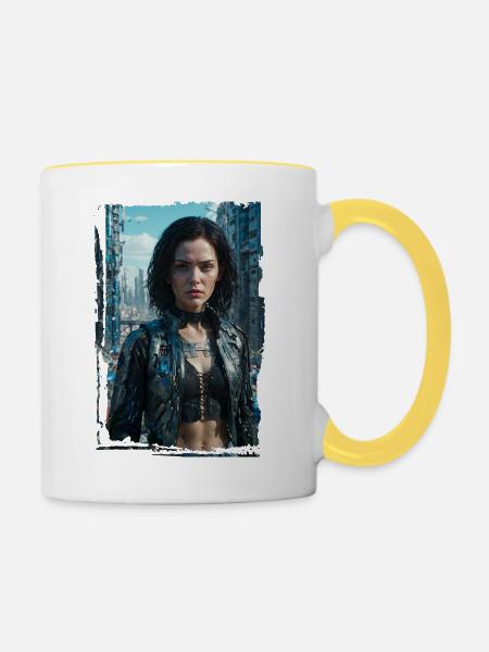 Porträt eines Sci-Fi-Cyberpunk-Mädchens - Tasse zweifarbig - Weiß/Gelb