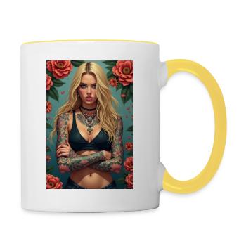 Blonde Tattoo Girl Surrounded By Flowers - Contrasting Mug - white/yellow - Right