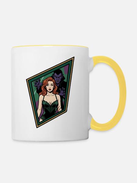 Ingwer-Pin-up mit Vampir - Tasse zweifarbig - Weiß/Gelb