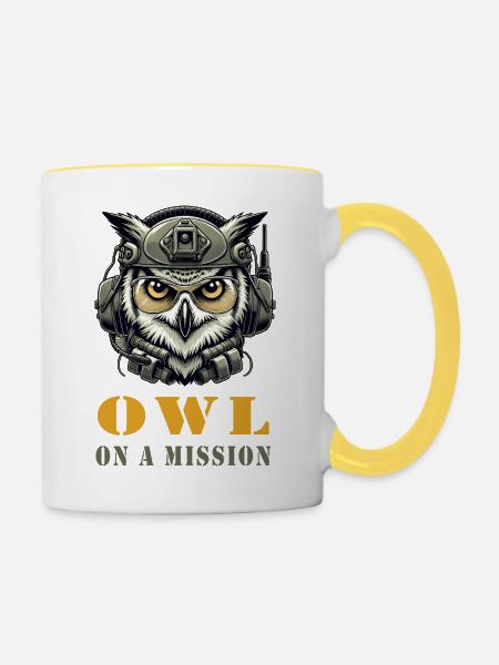 Eule auf Mission - Tasse zweifarbig - Weiß/Gelb