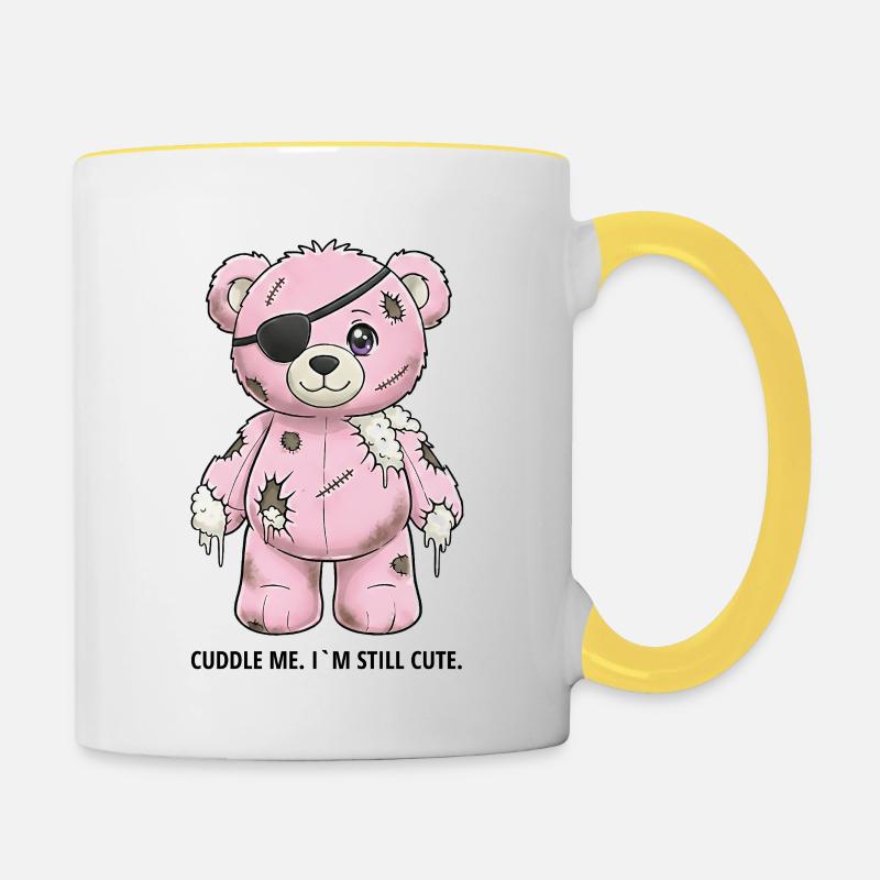 Patchwork Pink Teddy Bear with Eye Patch - Contrasting Mug - white/yellow