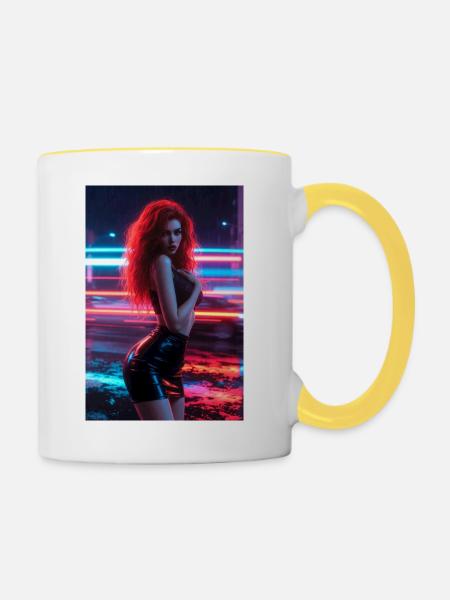 Neonrote Femme in Glanz - Tasse zweifarbig - Weiß/Gelb