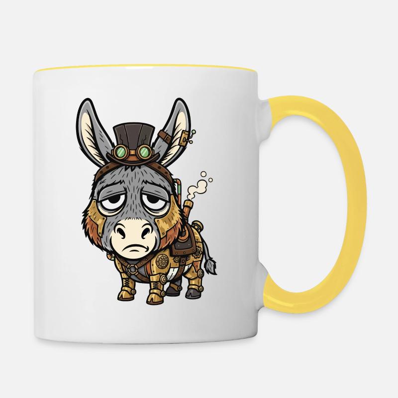 Âne Cyborg Steampunk Haut-de-forme Vapeur - Mug contrasté - blanc/jaune