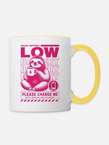 Low Battery Sloth Funny Design - Tasse zweifarbig - Weiß/Gelb