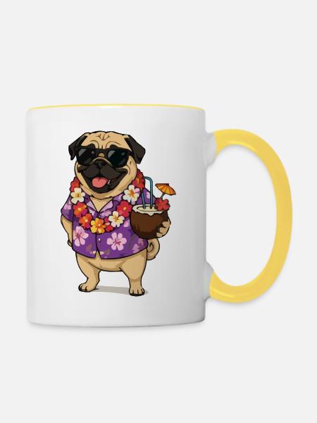 Pug Hawaii-Look mit Cocktail - Tasse zweifarbig - Weiß/Gelb