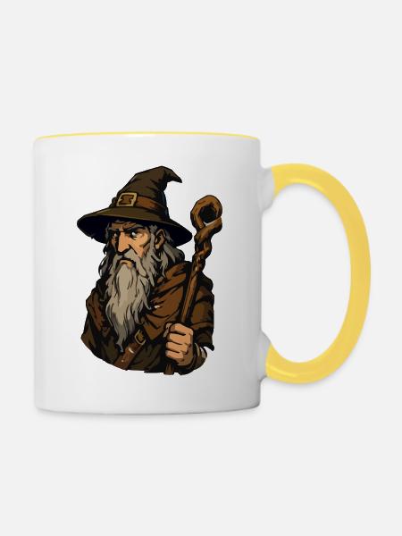 Alter Zauberer mit Stab - Tasse zweifarbig - Weiß/Gelb