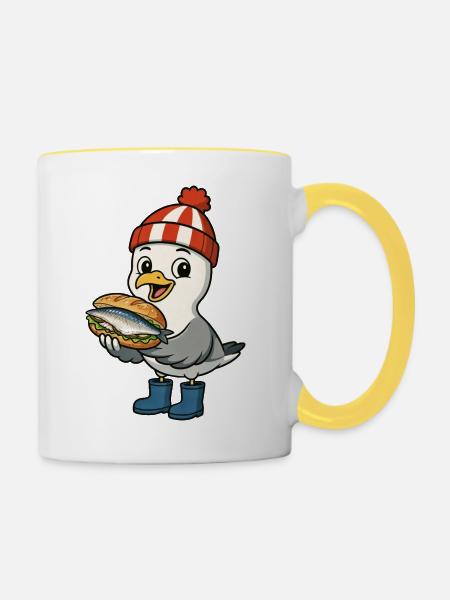 Möwe und Fischbrötchen - Tasse zweifarbig - Weiß/Gelb