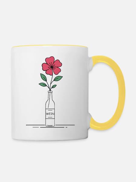 Blume rosa in Weinflasche - Tasse zweifarbig - Weiß/Gelb