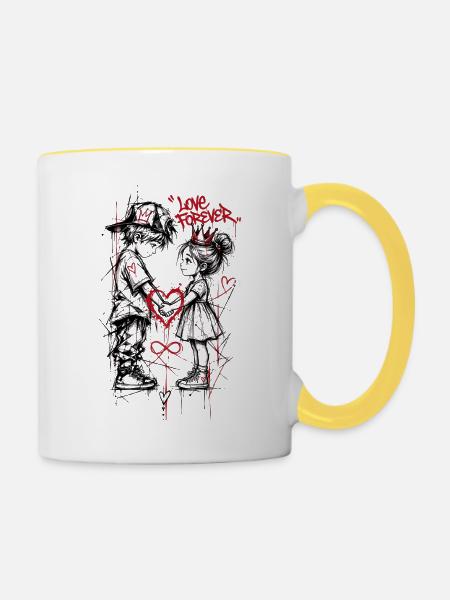 Schwarze und Rote Graffiti-Liebhaber - Tasse zweifarbig - Weiß/Gelb