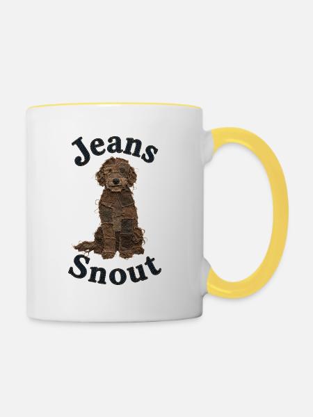 Brauner Doodle im Jeansflicken-Stil - Tasse zweifarbig - Weiß/Gelb