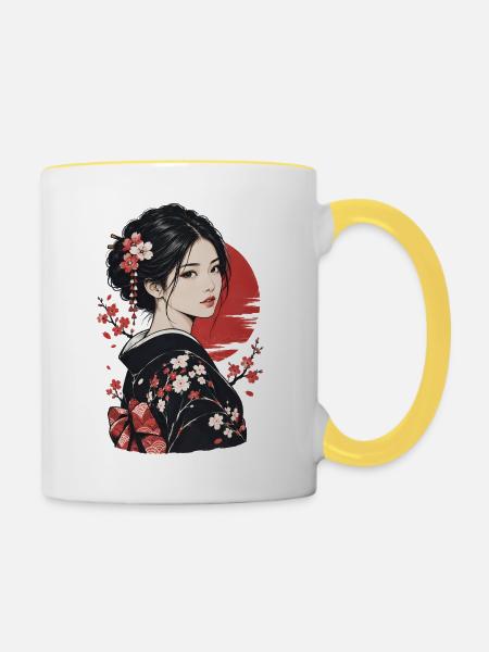 Kirschblüten Kimono Porträt - Tasse zweifarbig - Weiß/Gelb