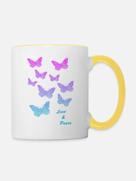 Schmetterlinge Liebe Frieden - Tasse zweifarbig - Weiß/Gelb