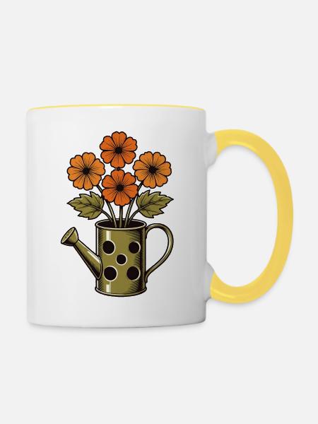 Herbstblumen in der Gießkanne - Tasse zweifarbig - Weiß/Gelb