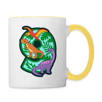 Dinosaurier 9. Geburtstagsparty Nummer 9 - 9 Jahre - Tasse zweifarbig - Weiß/Gelb - Rechts