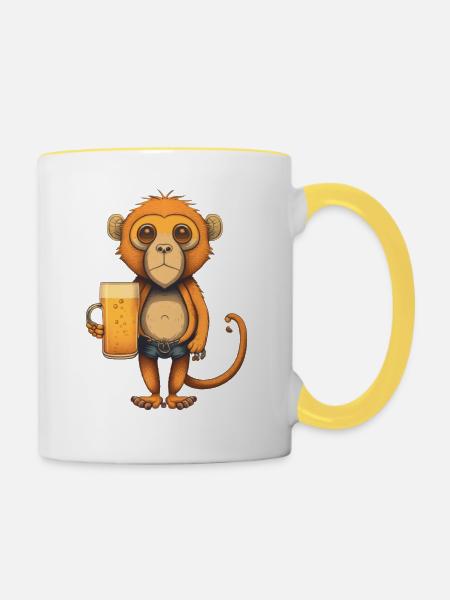 Lustiger Affe mit Bier - Tasse zweifarbig - Weiß/Gelb