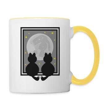 Zwei Katzen bei Nacht im Mondlicht. - Tasse zweifarbig - Weiß/Gelb - Rechts