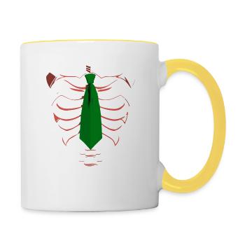 Skelett mit grüner Krawatte Lustiges Halloween-Design - Tasse zweifarbig - Weiß/Gelb - Rechts