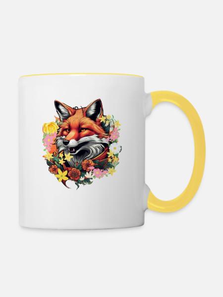 Fuchs,blumen,blumenkranz,Ornament - Tasse zweifarbig - Weiß/Gelb