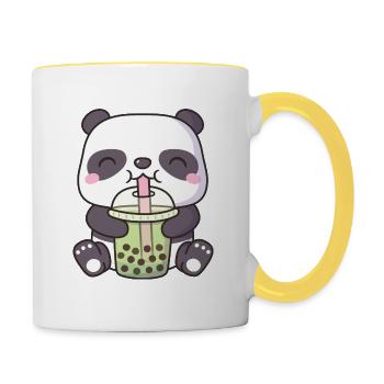 Süßer Pandabär trinkt Matcha Bubble Tea - Tasse zweifarbig - Weiß/Gelb - Rechts