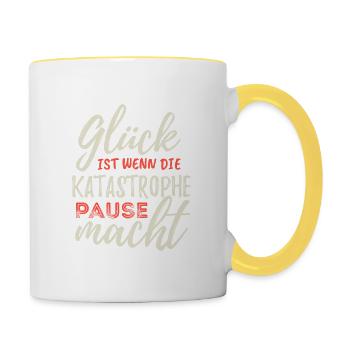Glück ist wenn die Katastrophe Pause macht - Tasse zweifarbig - Weiß/Gelb - Rechts