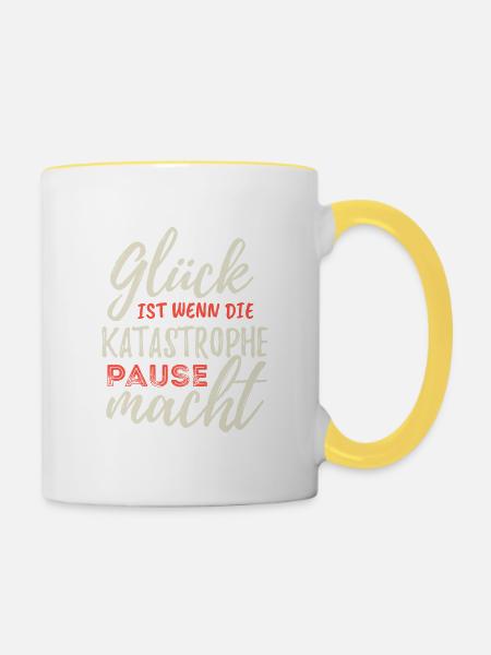 Glück ist wenn die Katastrophe Pause macht - Tasse zweifarbig - Weiß/Gelb