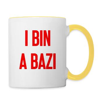 I bin a Bazi – Bayerischer Spruch mit Humor - Tasse zweifarbig - Weiß/Gelb - Rechts