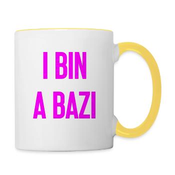 I bin a Bazi – Bayerischer Spruch mit Humor - Tasse zweifarbig - Weiß/Gelb - Rechts