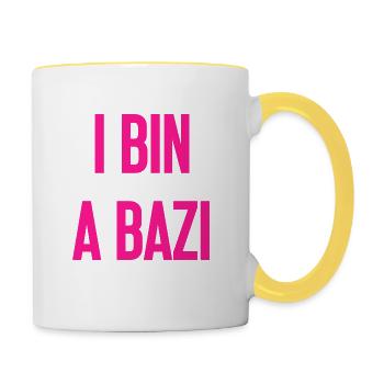I bin a Bazi – Bayerischer Spruch mit Humor - Tasse zweifarbig - Weiß/Gelb - Rechts
