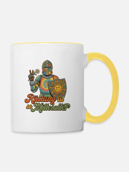 Rüstung ist so Mittelalter - Tasse zweifarbig - Weiß/Gelb