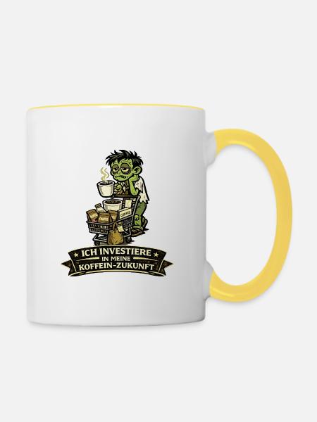 Kaffee-Kapital: Zombie mit Einkaufskorb - Tasse zweifarbig - Weiß/Gelb