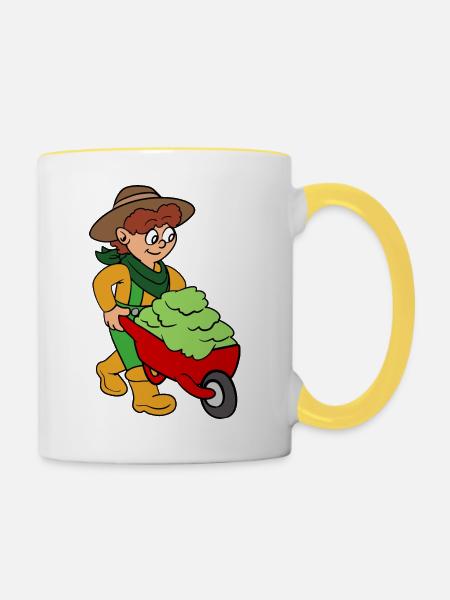 Gärtnerin mit Schubkarre - Tasse zweifarbig - Weiß/Gelb