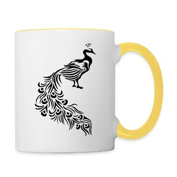 decorative bird silhouette outline shadow peacock fawn - Contrasting Mug - white/yellow - Right