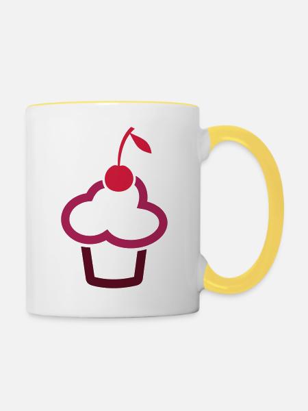Muffin Cupcake mit Kirsche - Tasse zweifarbig - Weiß/Gelb
