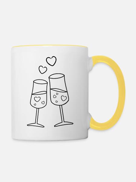 Sektgläser mit Herzen - Tasse zweifarbig - Weiß/Gelb