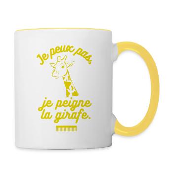 Drôle humour fun "Je peux pas je peigne la girafe" - Mug contrasté - blanc/jaune - Droite