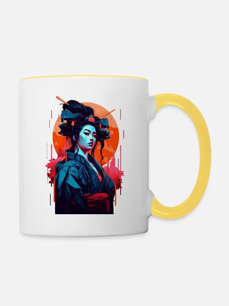 Retro Geisha - Tasse zweifarbig - Weiß/Gelb