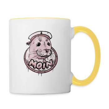Moin / Robbe / Seehund / Anker / Ahoi / Meer / See - Tasse zweifarbig - Weiß/Gelb - Rechts